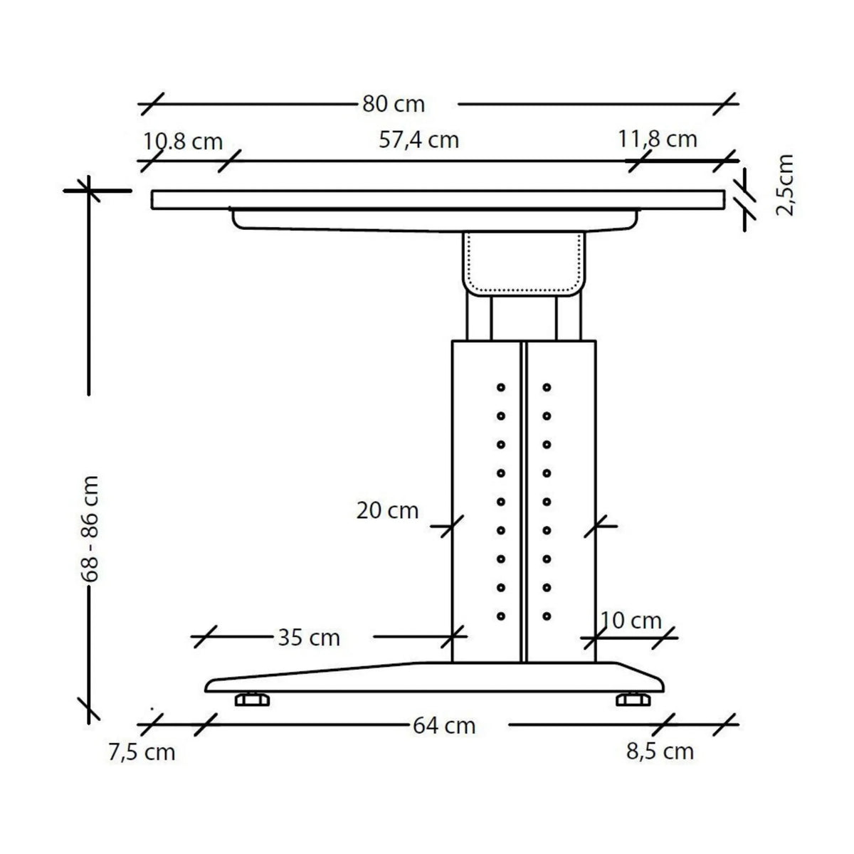 Disegno tecnico della scrivania regolabile in altezza UNDA 8 S con larghezza 80 cm e altezza 68-86 cm di hjh OFFICE PRO