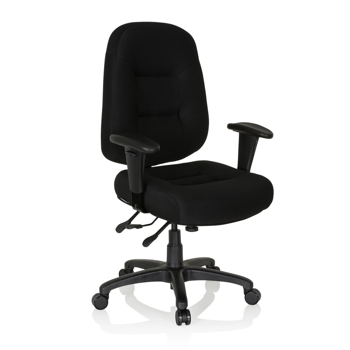 Sedia da ufficio professionale ZENIT XXL nera con braccioli e base a cinque ruote di hjh OFFICE – vista a 360° (vista frontale a tre quarti 40°)