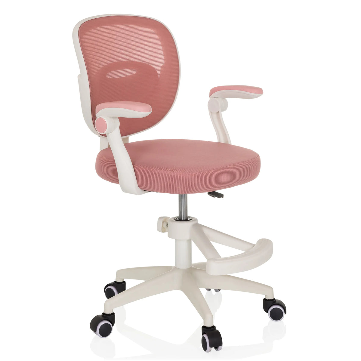 Sedia girevole per bambini KIDDY SMART rosa con schienale in rete e base a cinque ruote di hjh OFFICE – vista a 360° (vista frontale a tre quarti 45°)