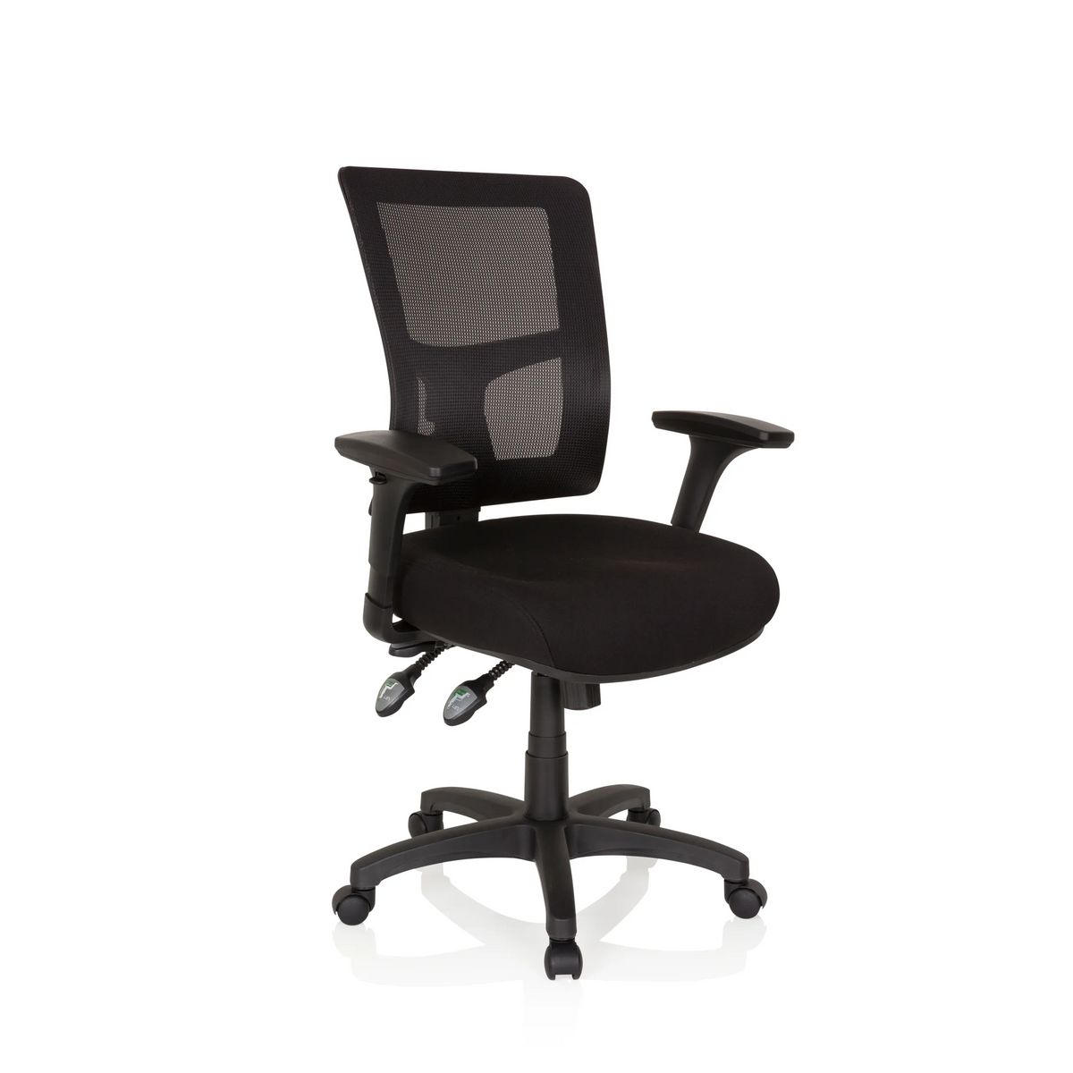 Poltrona professionale IMPACT PRO nera con schienale in rete e base a cinque ruote di hjh OFFICE – vista a 360° (vista frontale a tre quarti 40°)