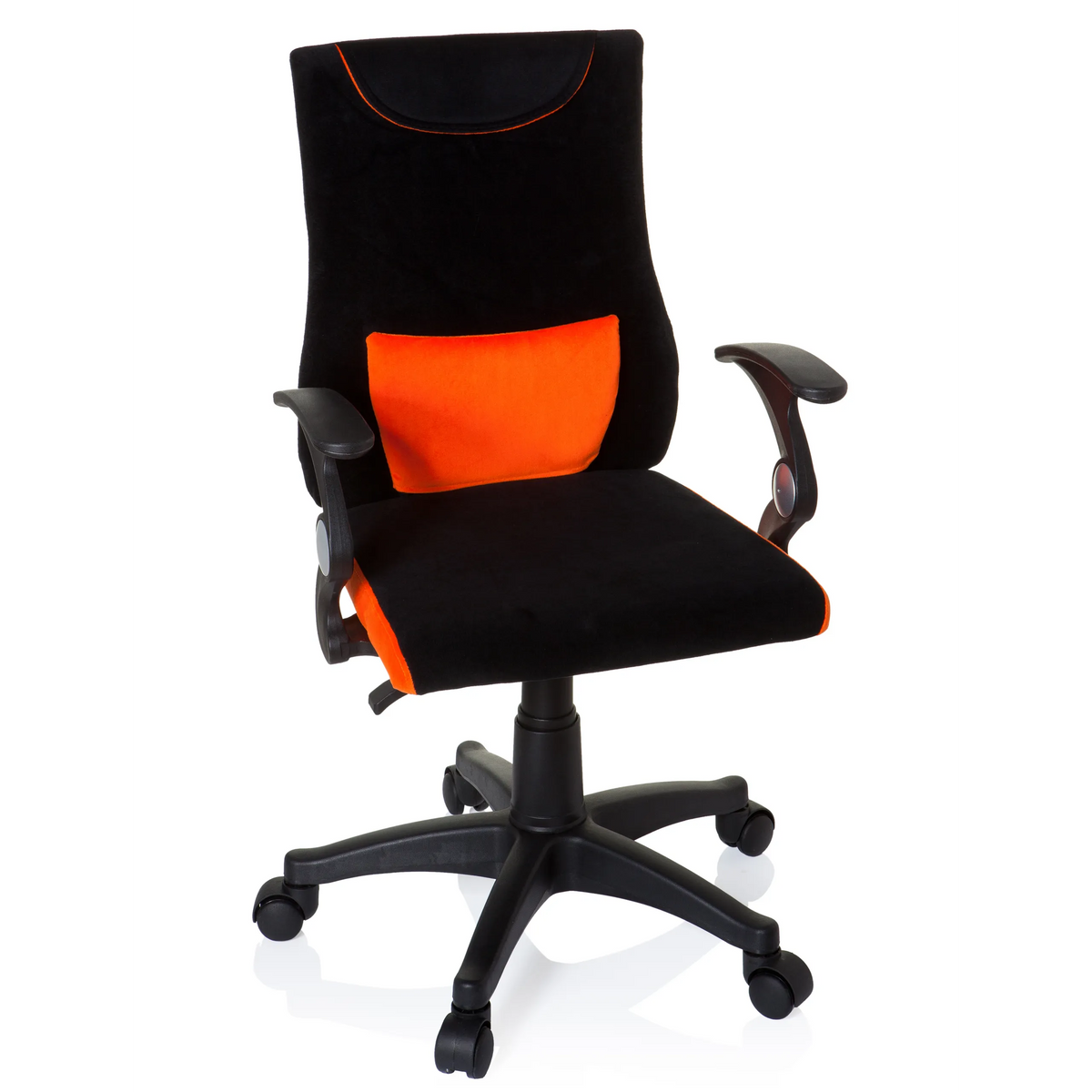Sedia girevole per bambini KIDDY PRO AL nero-arancione con cuscino lombare e base a cinque ruote di hjh OFFICE – vista a 360° (vista frontale 20°)