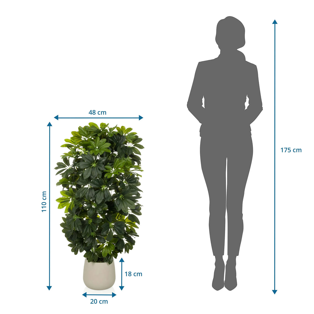 Disegno dimensionale della Piante artificiali Schefflera 2 con altezza di 110 cm e larghezza di 48 cm di hjh OFFICE