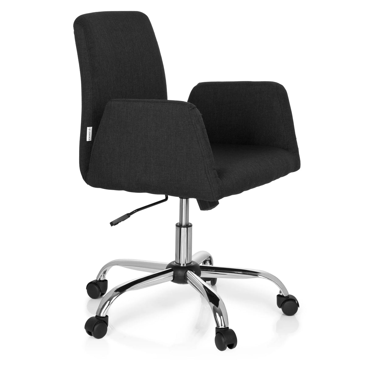 Sedia Home Office FLOW nera con braccioli e base cromata a cinque ruote di hjh OFFICE – vista a 360° (vista frontale a tre quarti 60°)