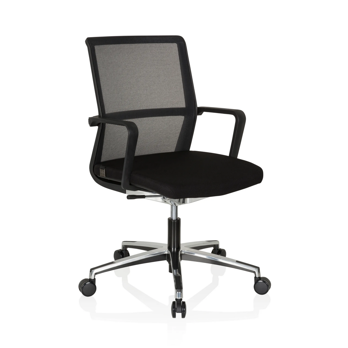Sedia da ufficio professionale MOVE-TEC NET 3D nera con schienale in rete e base a cinque ruote di hjh OFFICE – vista a 360° (vista frontale a tre quarti 40°)