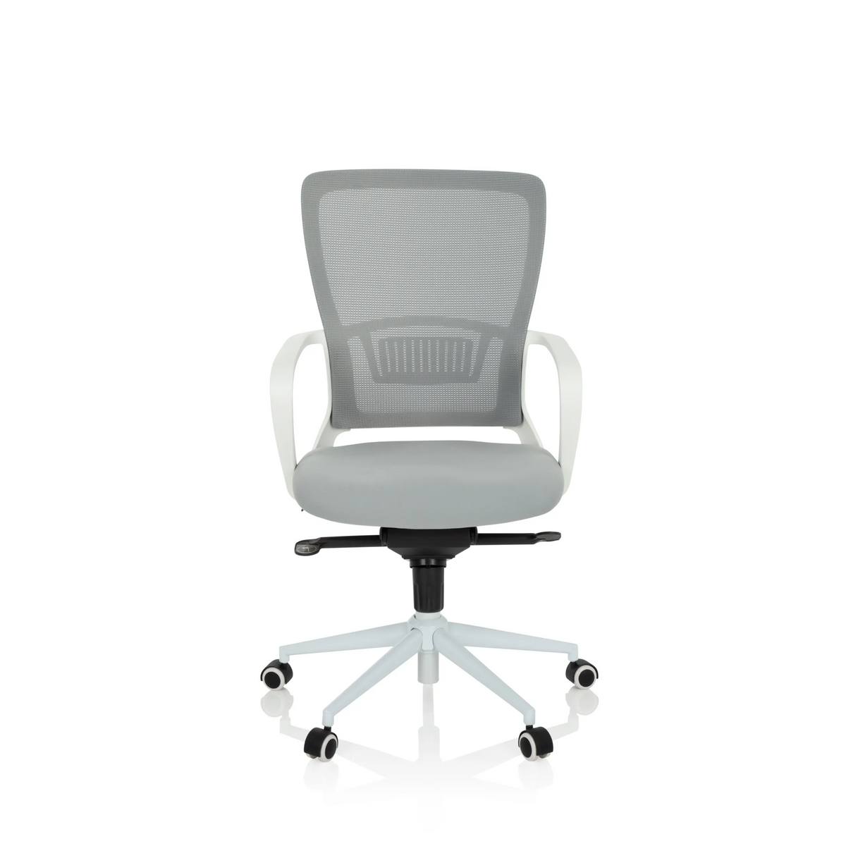 Sedia Home Office ESTRIA grigia con schienale in rete e base a cinque ruote di hjh OFFICE – vista a 360° (vista frontale 0°)