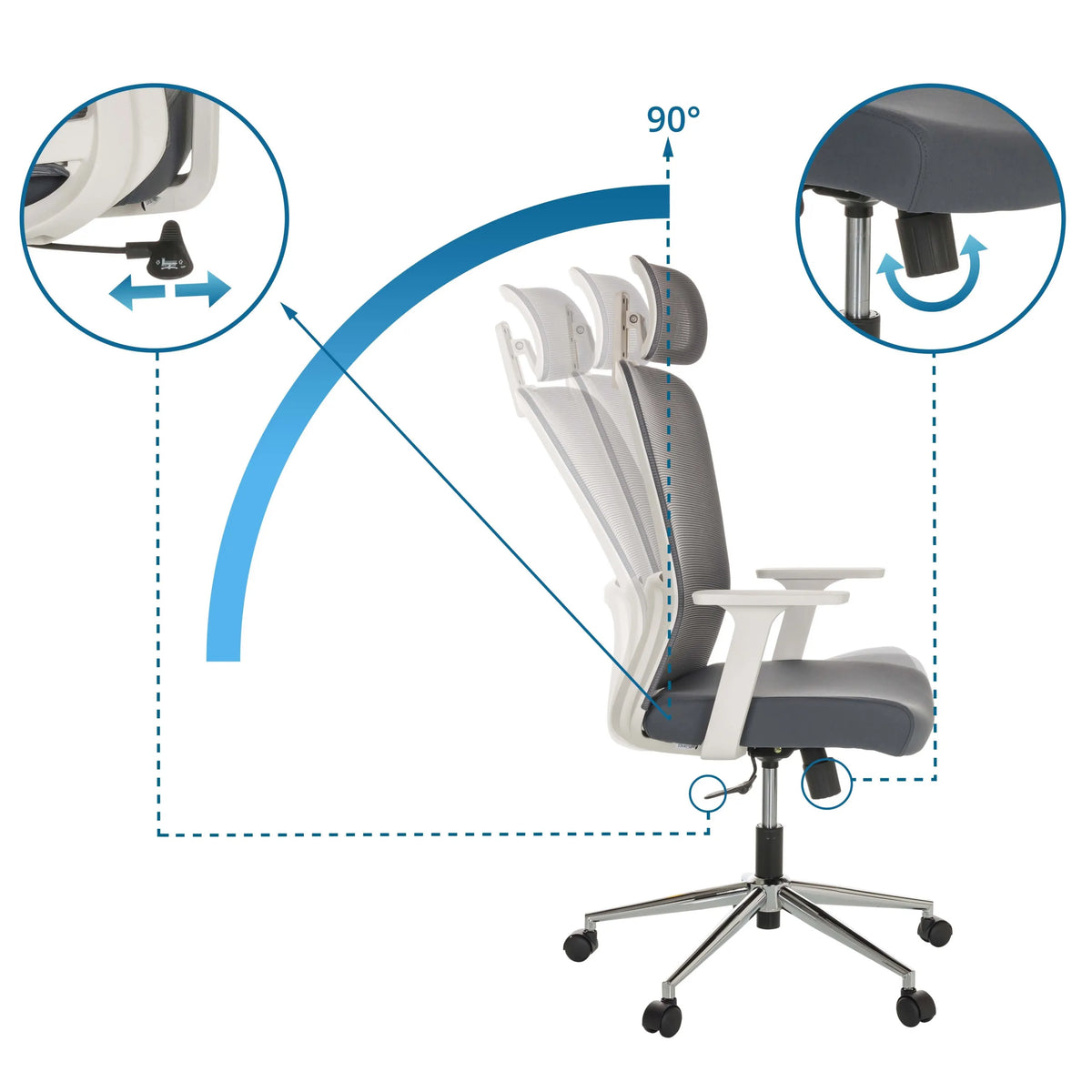 Meccanismi di regolazione della Sedia Home Office BELAIA W con inclinazione a 90° e regolazione dell'altezza del sedile di hjh OFFICE