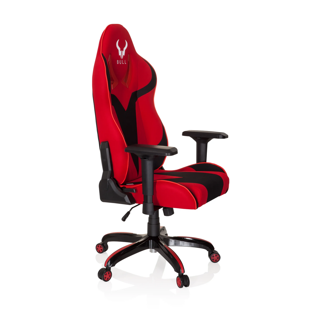 Sedia da gaming PROMOTER II rossa e nera con braccioli e base a cinque ruote di hjh OFFICE – vista a 360° (vista frontale a tre quarti 60°)