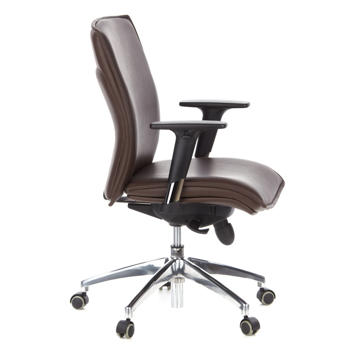 Poltrona di lusso MURANO 10 marrone scuro con braccioli e base a cinque ruote di hjh OFFICE – vista a 360° (profilo laterale 80°)