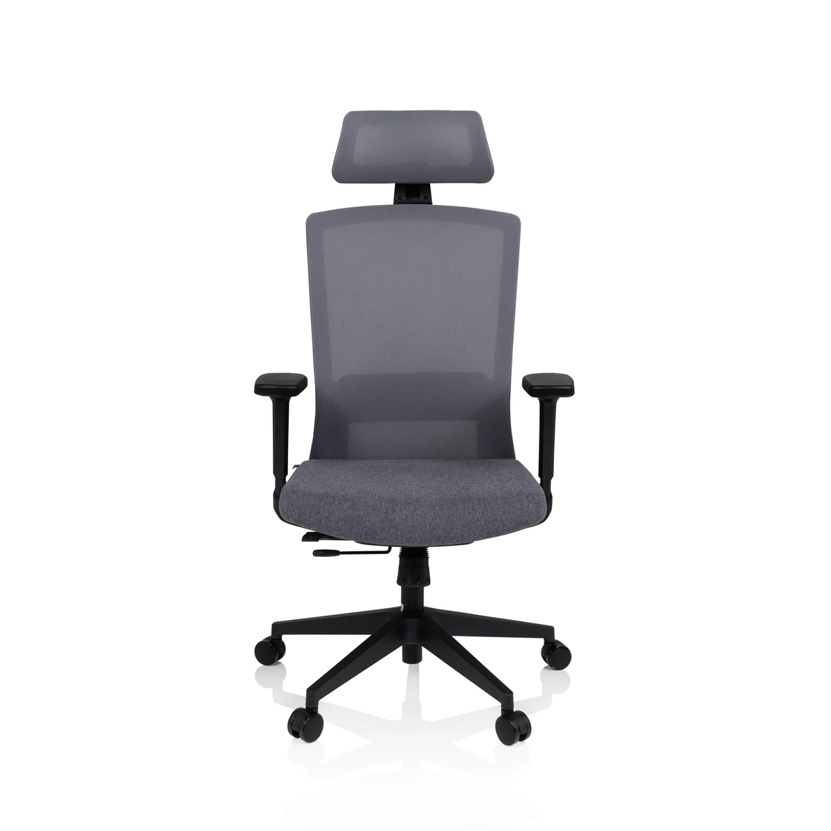 Sedia da ufficio professionale CAPTIVO grigia con schienale in rete, poggiatesta e base a cinque ruote di hjh OFFICE – vista a 360° (vista frontale 0°)