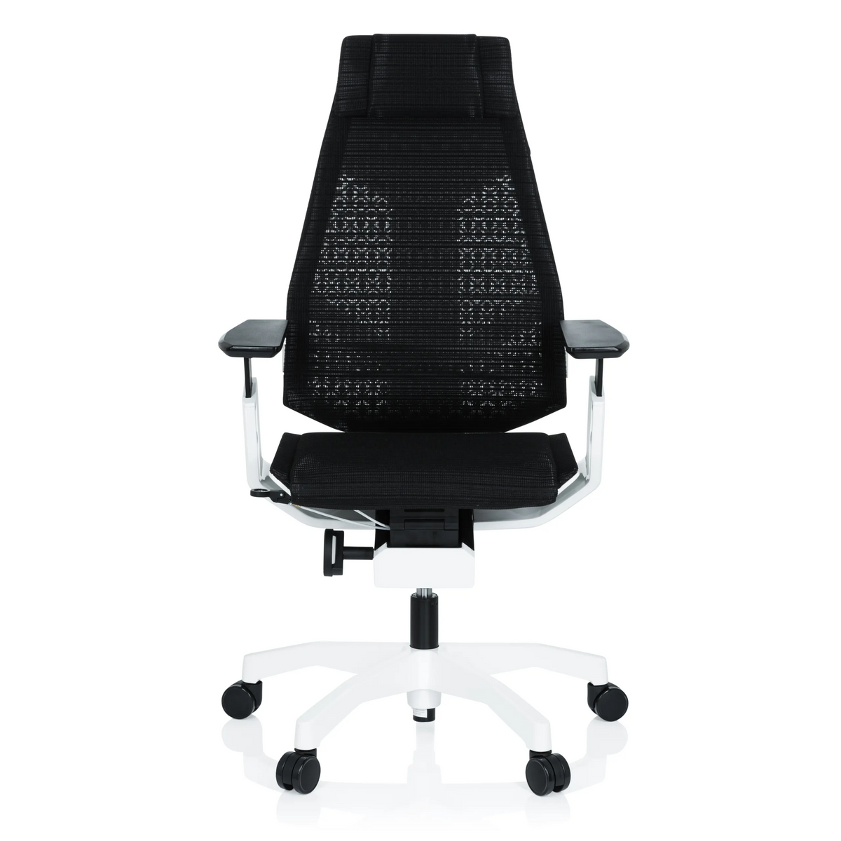 Sedia da ufficio high-end nera GENIDIA PRO WHITE con schienale in rete e base bianca a cinque ruote di hjh OFFICE – vista a 360° (vista frontale 0°)