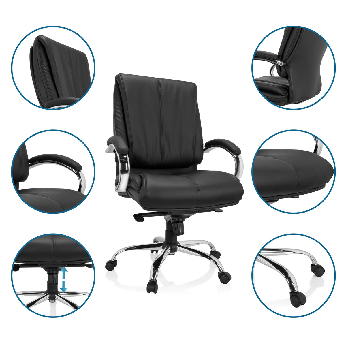 Sedia girevole XXL H 100 nera in ecopelle con diverse viste dettagliate delle funzioni di hjh OFFICE