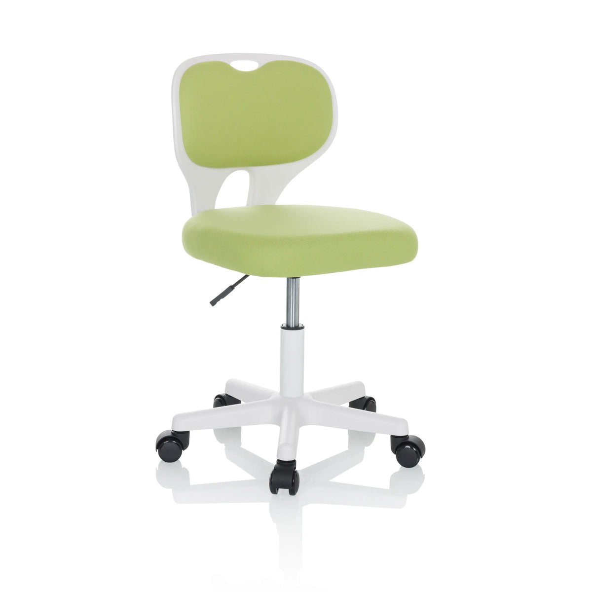 Sedia girevole per bambini KIDDY TOP W verde con struttura bianca e base a cinque ruote di hjh OFFICE – vista a 360° (vista frontale a tre quarti 30°)