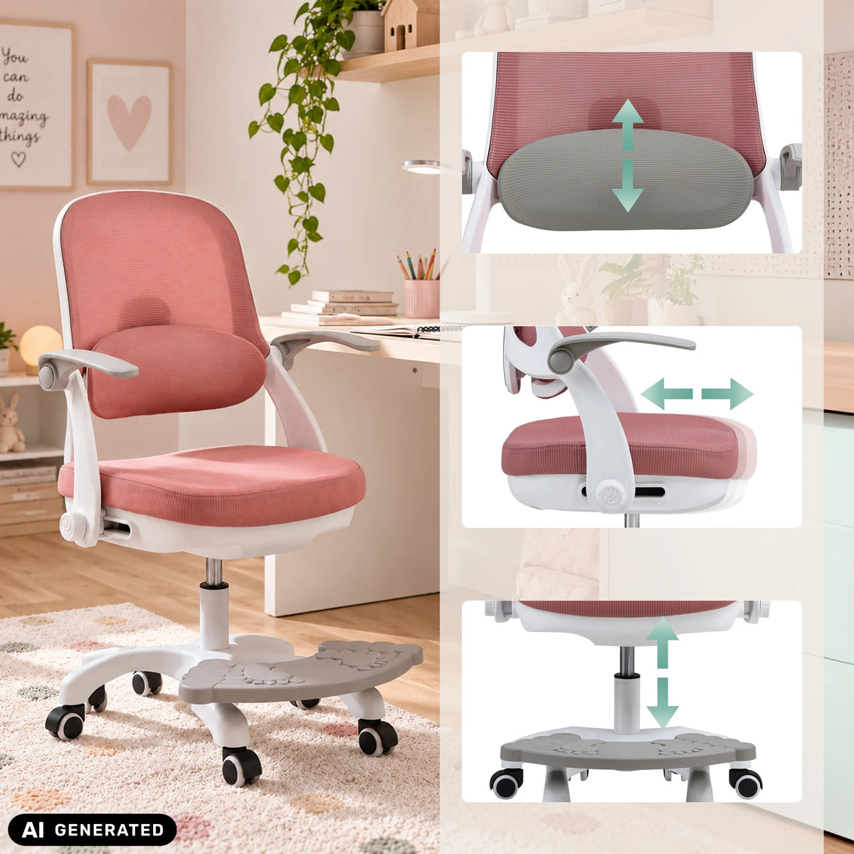 Schienale, braccioli e altezza del sedile regolabili della sedia girevole per bambini Kiddy Smart Step di hjh OFFICE (immagine generata dall’IA)