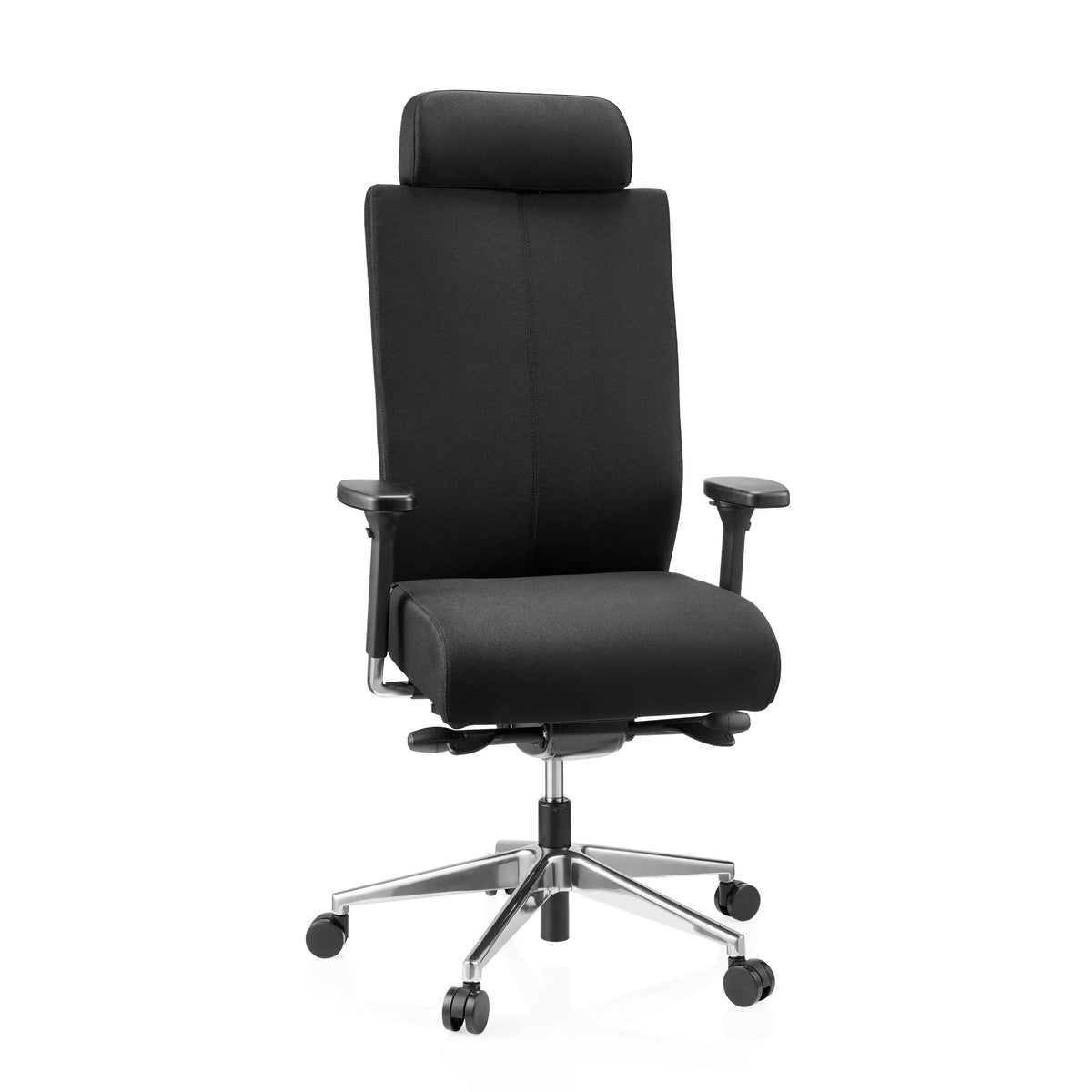 Sedia da ufficio professionale PRO-TEC XXL nera con rivestimento in tessuto, poggiatesta e base a cinque ruote di hjh OFFICE – vista a 360° (vista frontale 15°)