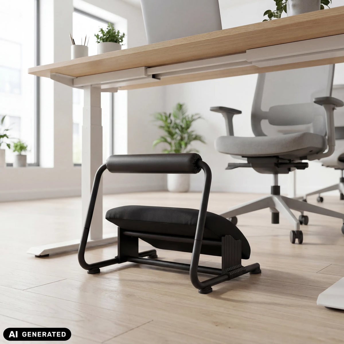 Poggiapiedi Podi Velvet nero sotto una scrivania di hjh OFFICE (immagine generata dall’IA)