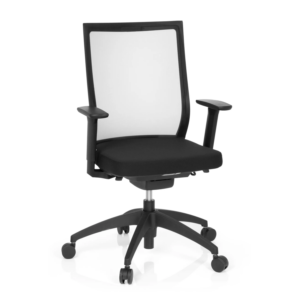 Sedia da ufficio professionale ASPEN nera con schienale in rete e base a cinque ruote di hjh OFFICE – vista a 360° (vista frontale 20°)