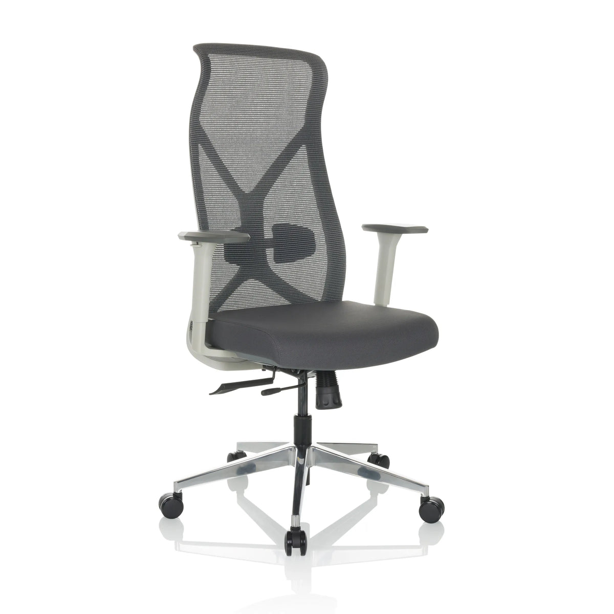 Sedia da ufficio professionale AZURRO WHITE grigia con schienale in rete e base a cinque ruote di hjh OFFICE – vista a 360° (vista frontale a tre quarti 30°)