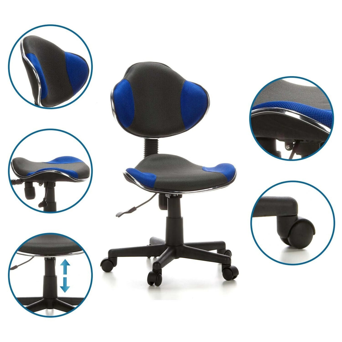 Sedia girevole per bambini KIDDY GTI-2 in grigio e blu con viste dettagliate della regolazione dell'altezza e delle rotelle di hjh OFFICE