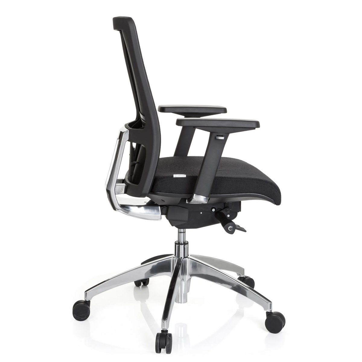 Sedia da ufficio professionale ASTRA BASE nera con braccioli e base a cinque ruote di hjh OFFICE – vista a 360° (profilo laterale 100°)