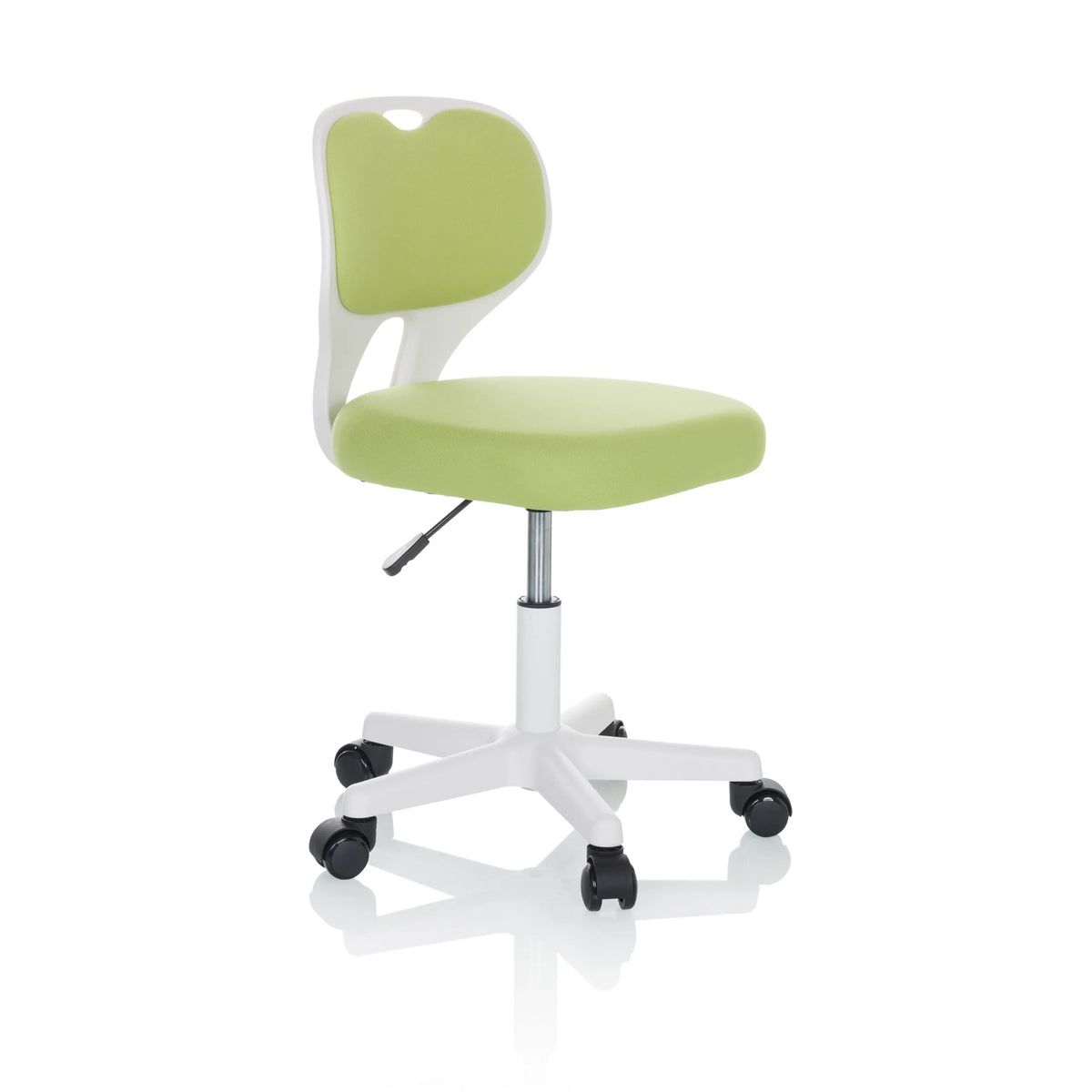 Sedia girevole per bambini KIDDY TOP W verde con struttura bianca e base a cinque ruote di hjh OFFICE – vista a 360° (vista frontale a tre quarti 45°)