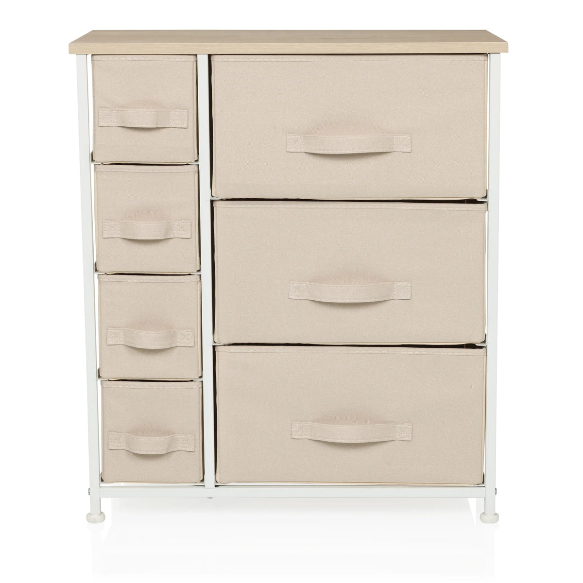 Cassettiera beige FOLDRESS B con sette cassetti in tessuto e struttura bianca di hjh LIVING – vista a 360° (vista frontale 0°)