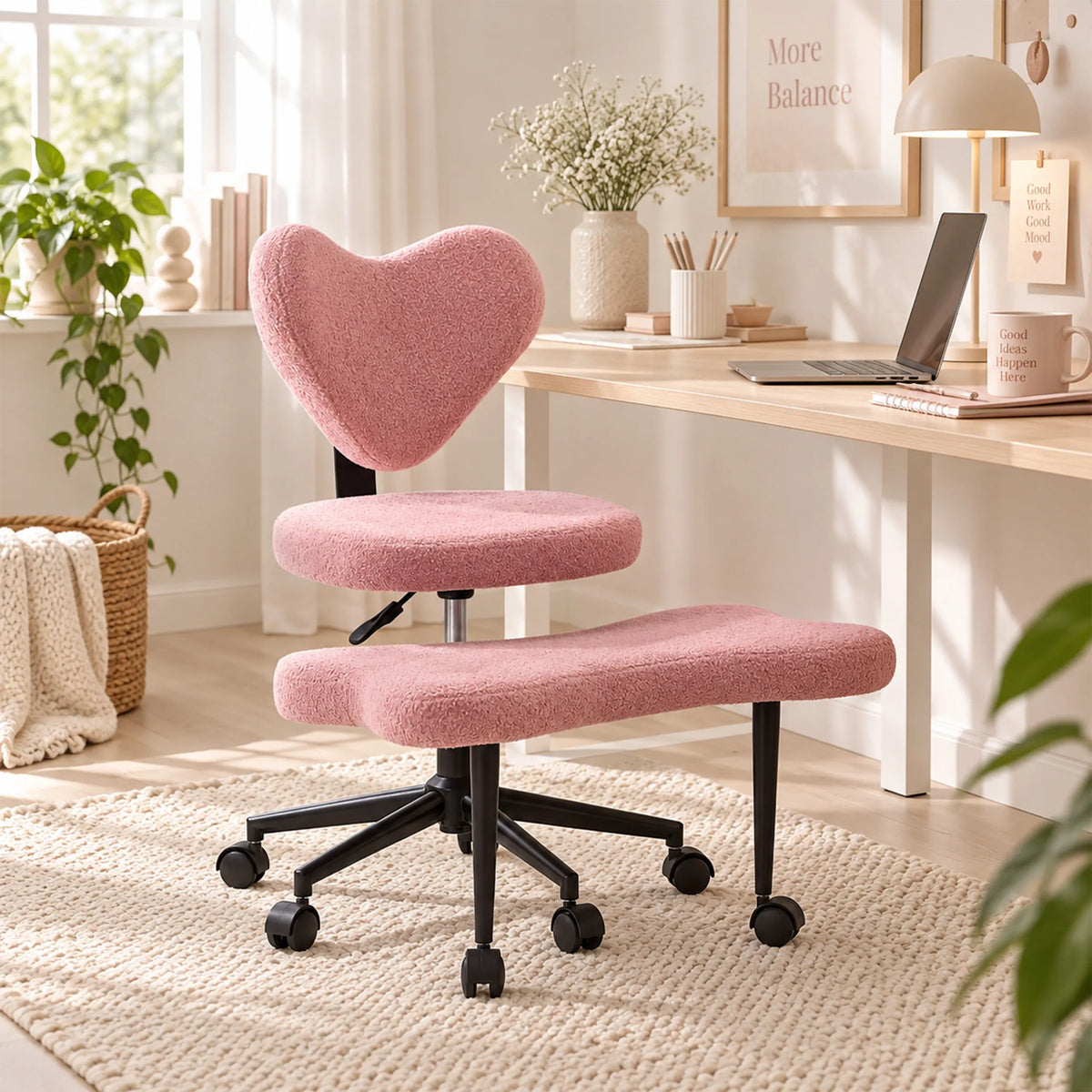 Sedia da meditazione Asanasit rosa con schienale a forma di cuore e poggiapiedi davanti a una scrivania di hjh LIVING