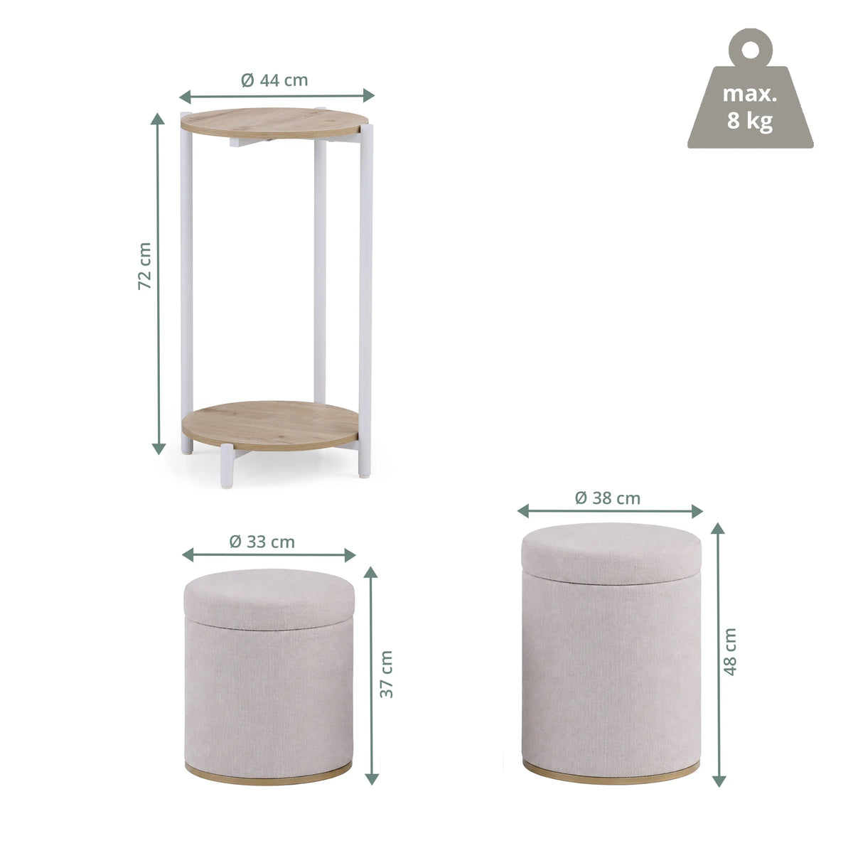 Disegno tecnico del tavolino Nestup 1 con un'altezza di 72 cm e un diametro di 44 cm di hjh LIVING