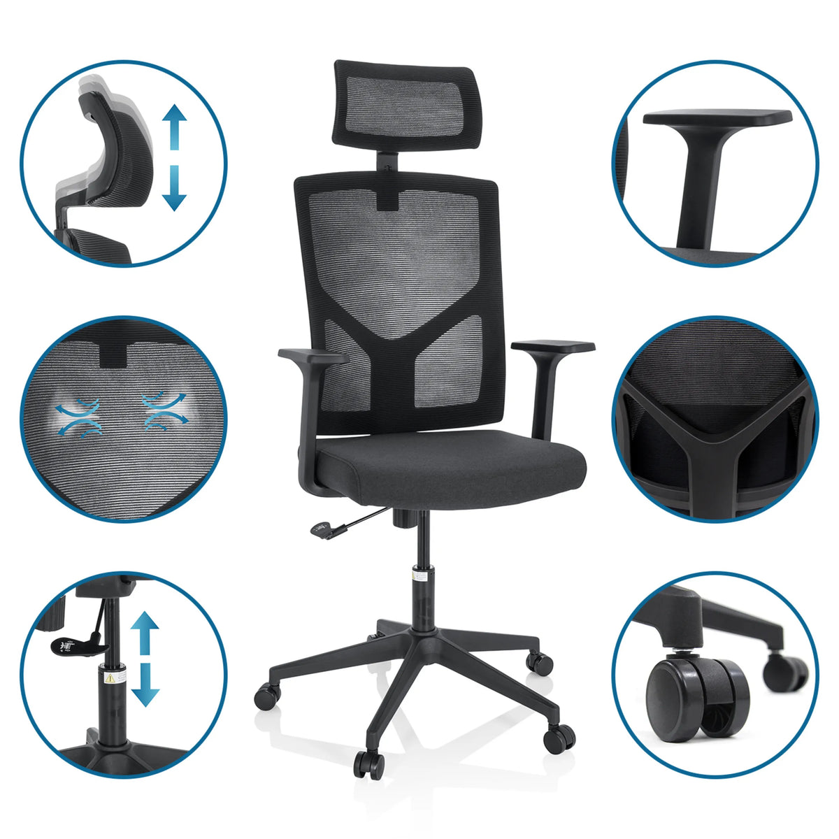 Sedia Home Office BRETON B in nero con poggiatesta e braccioli regolabili di hjh OFFICE