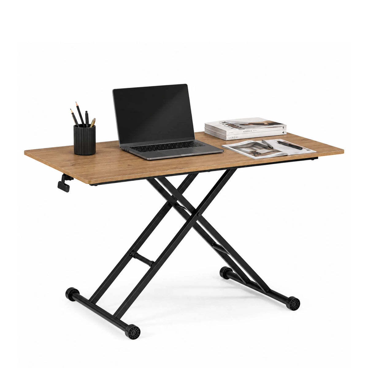 Scrivania regolabile in altezza Worktime Lift in rovere e nero con struttura a X e laptop di hjh OFFICE