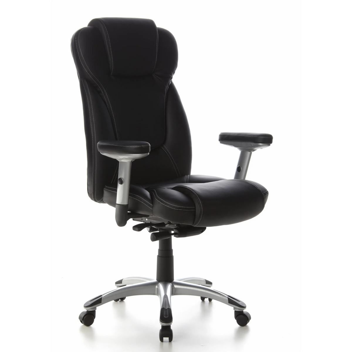 Poltrona professionale EMBASSY 200 L nera con braccioli e base argentata a cinque ruote di hjh OFFICE – vista a 360° (vista frontale a tre quarti 40°)