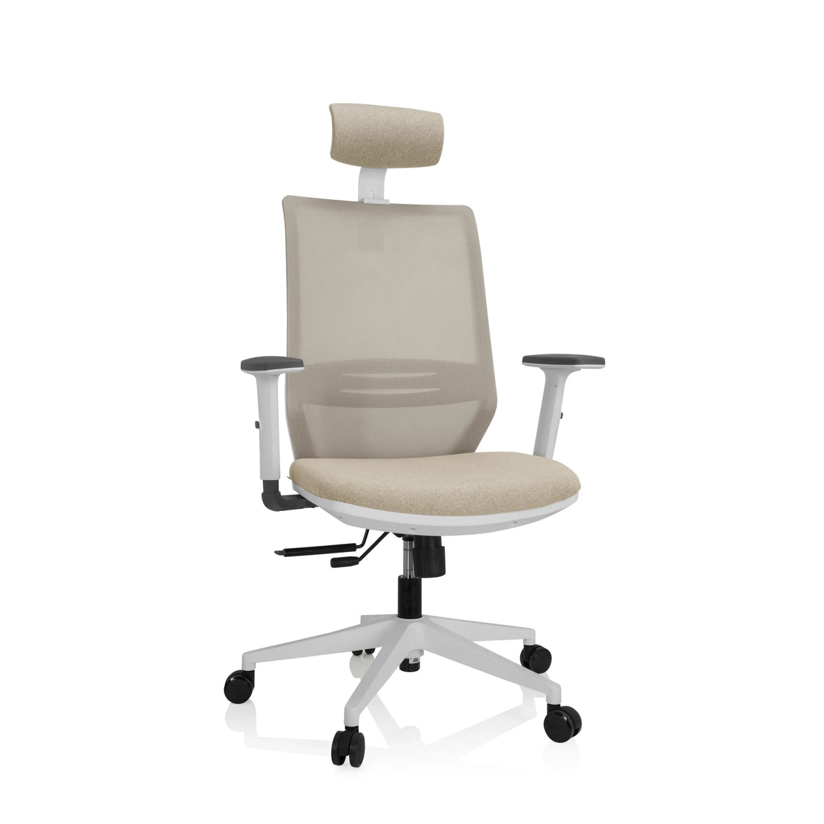 Sedia da ufficio professionale PROFONDO PRO W beige con schienale a rete, poggiatesta e base bianca di hjh OFFICE – vista a 360° (vista frontale 20°)