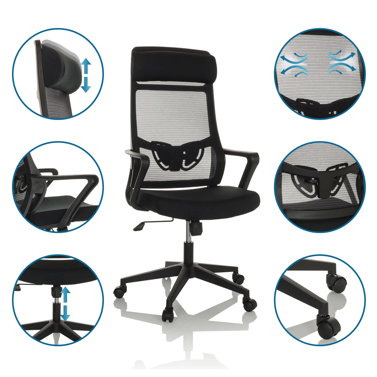 Sedia Home Office NEKEO in nero con dettagli regolabili e ruote di hjh OFFICE