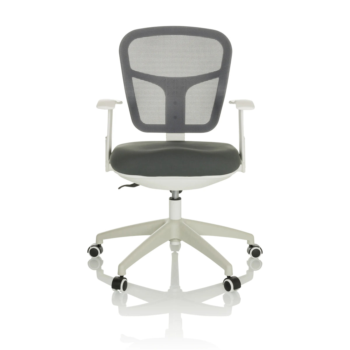 Sedia Home Office TOP 108 W grigia con schienale in rete e base a cinque ruote di hjh OFFICE – vista a 360° (vista frontale 0°)