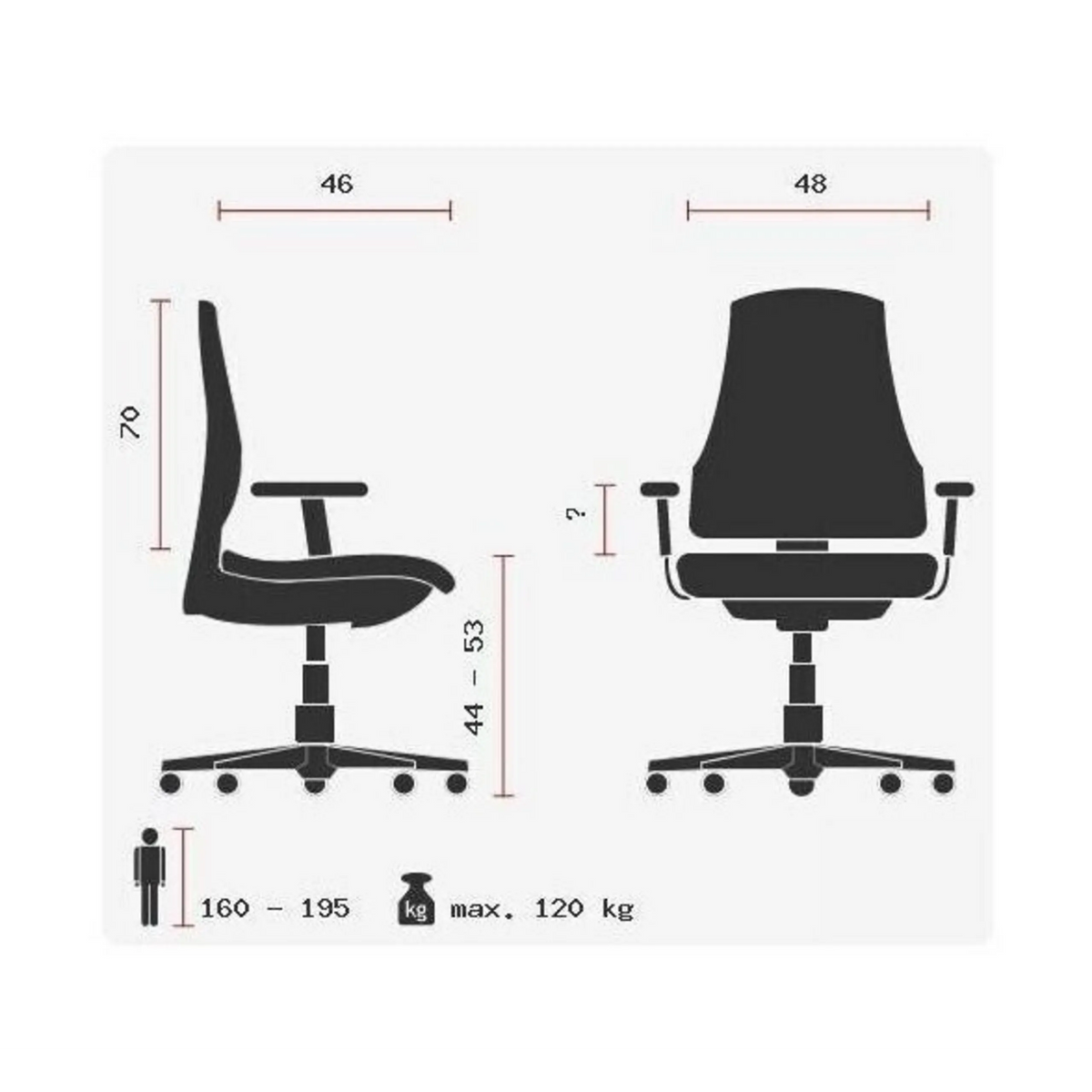 Technische Zeichnung des Profi-Chefsessels HIGH SIT UP mit einer maximalen Belastung von 120 kg von Topstar