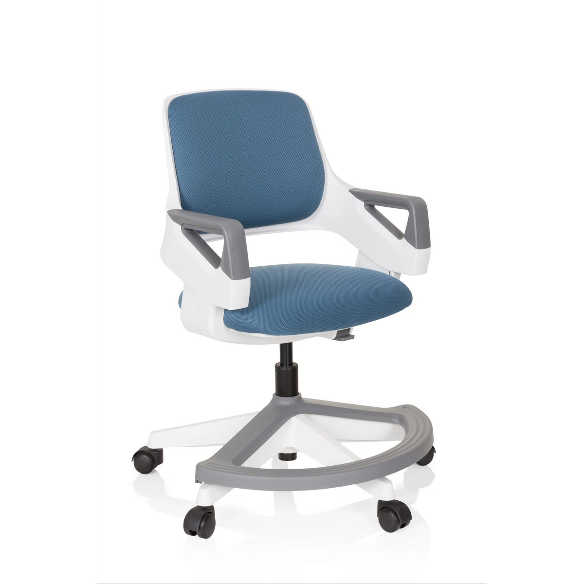 Sedia girevole per bambini KID FLEX blu grigio con braccioli e base a cinque ruote di hjh OFFICE – vista a 360° (vista frontale a tre quarti 40°)