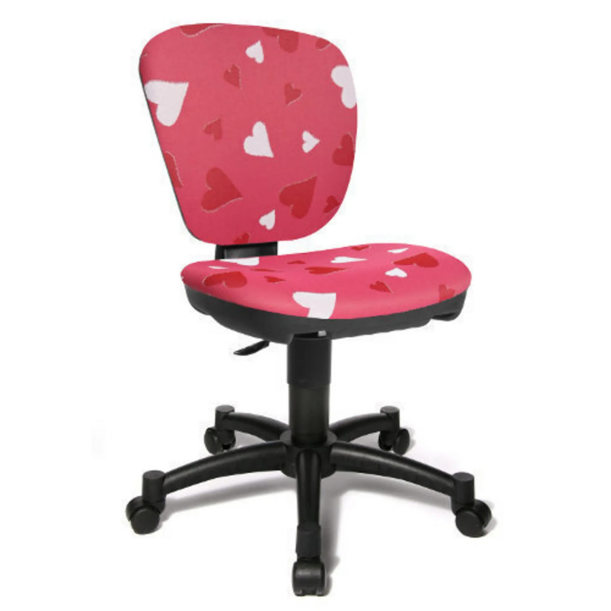 Sedia girevole per bambini MAXX KID in rosa con fantasia a cuori bianchi e rossi su base nera di Topstar