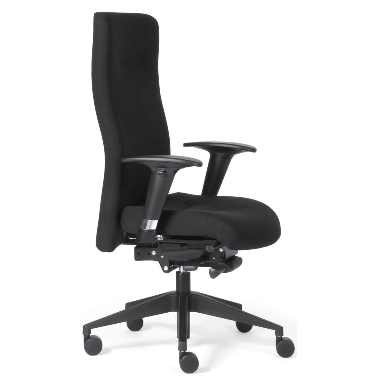 Poltrona di lusso ROVO XP con rivestimento in tessuto nero, braccioli e base a ruote di Rovo Chair