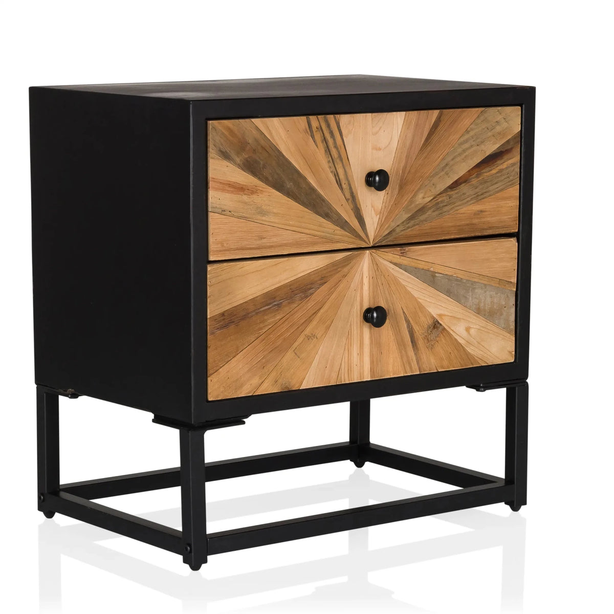 Madia SANTJAGO BLACK SUN S con struttura nera e due cassetti color legno con design a raggiera di hjh LIVING