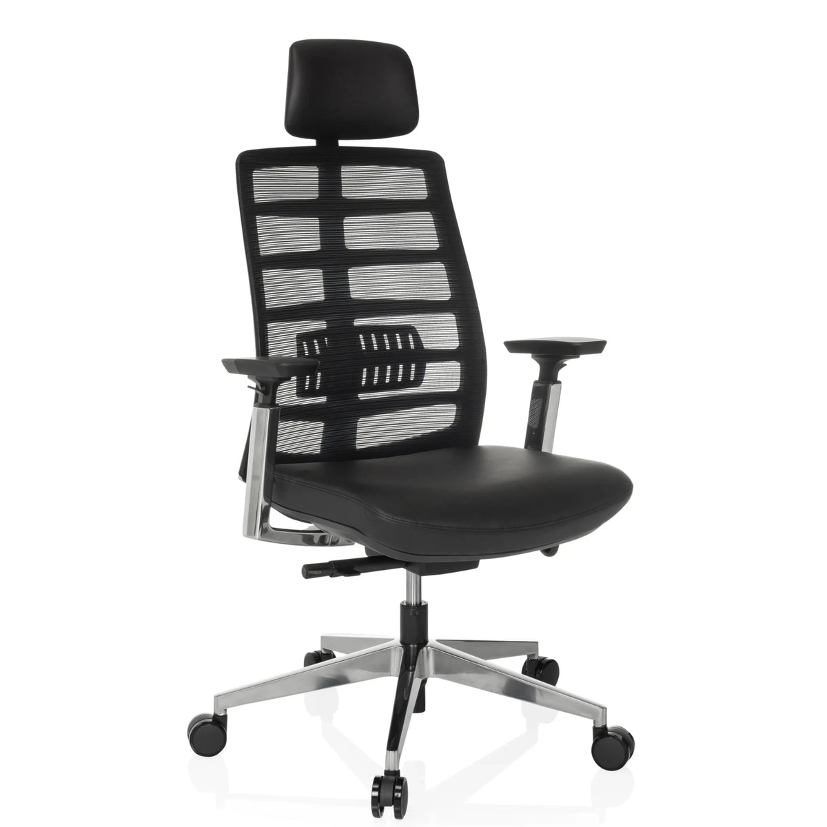 High-end Sedia da ufficio SPINIO ELITE L con rivestimento in rete nera e seduta in pelle di hjh OFFICE