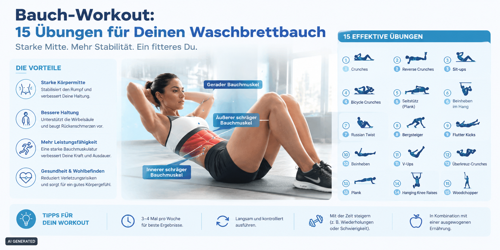 Bauch Workout zuhause: Die 8 besten Übungen ohne Geräte für eine starke Körpermitte & gesunden Rücken