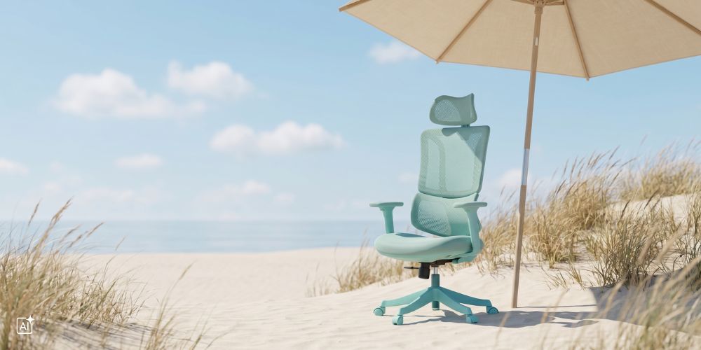 Ein Bürostuhl steht am Strand