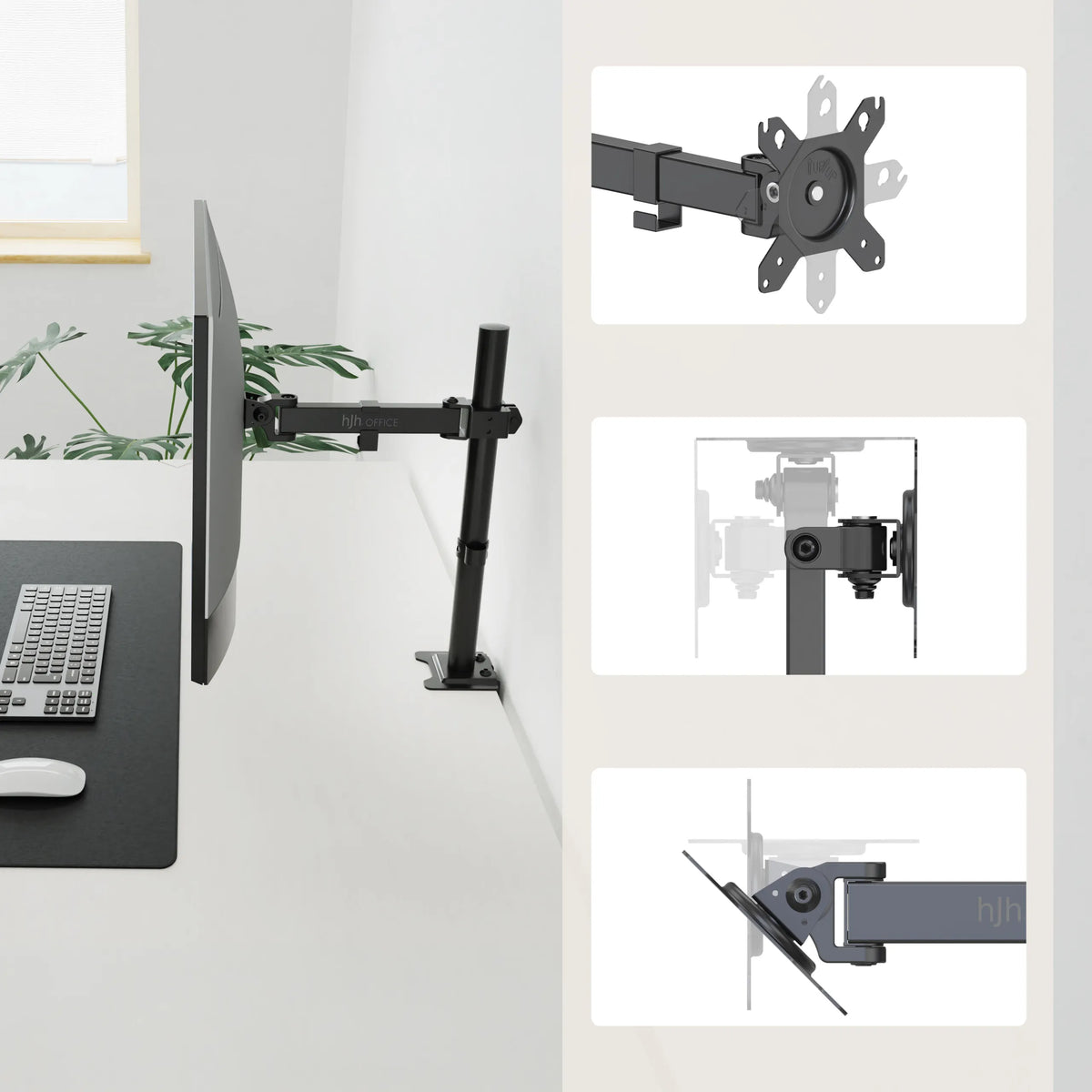 Supporto per monitor Ergomount M1 in nero con piastra adattatrice VESA e giunti articolati di hjh OFFICE