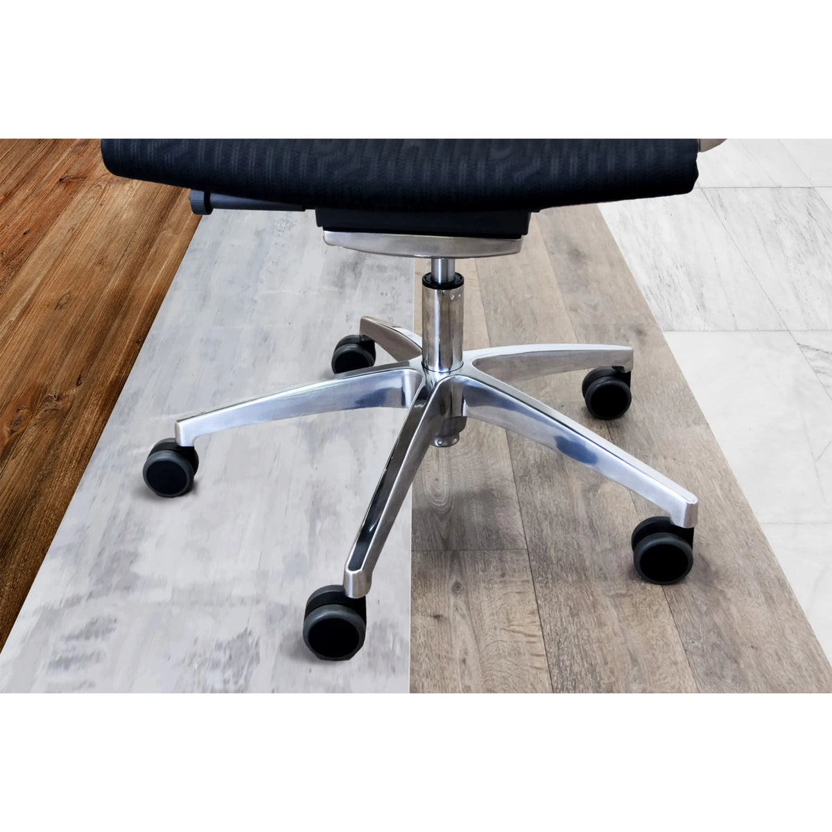 Fünfstrahlkreuz mit schwarzen Stuhlrollen 5x ROLO No-Noise 11mm/65mm aus poliertem Aluminium von hjh OFFICE