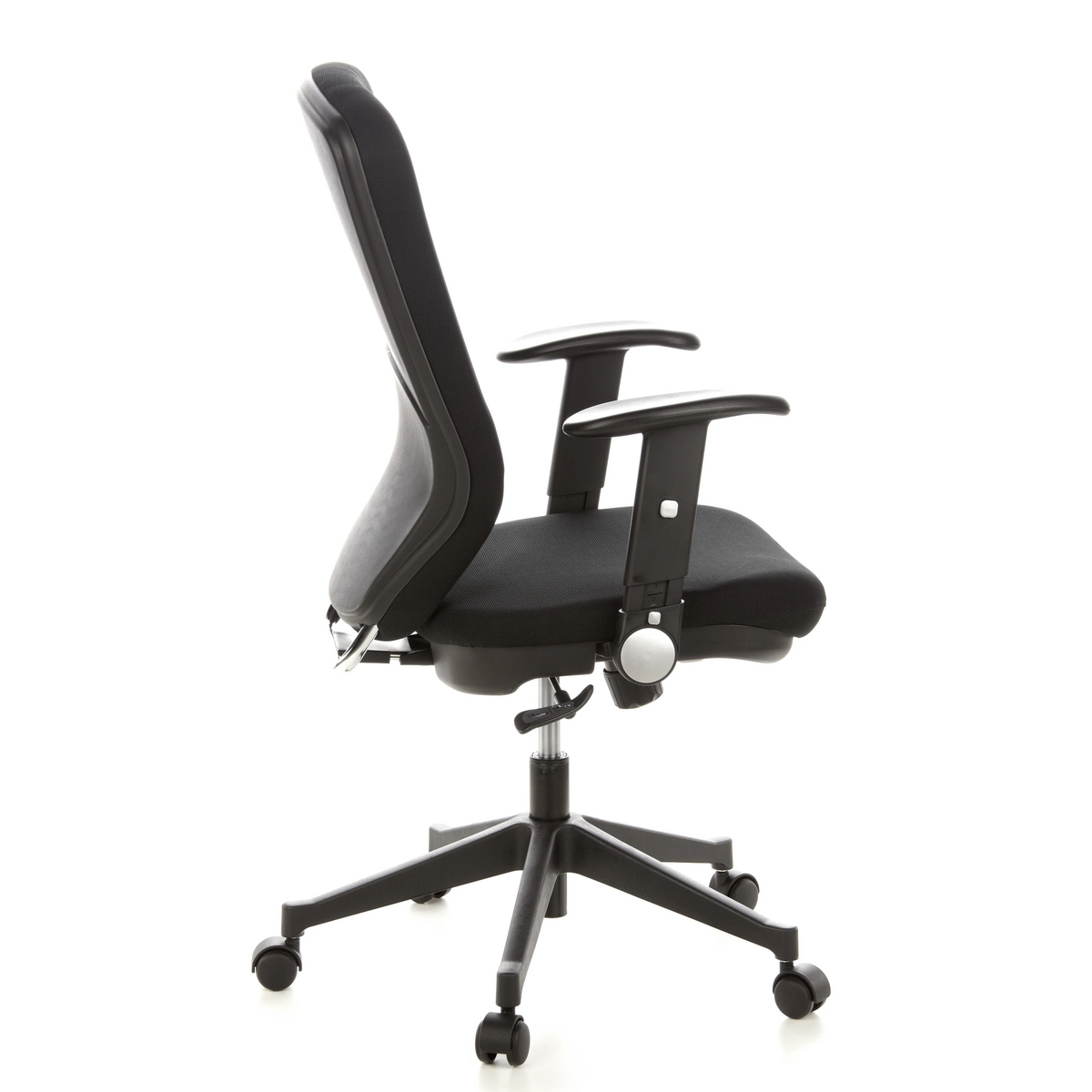 Sedia da ufficio professionale TRAFFIC 30 nera con braccioli e base a cinque ruote di hjh OFFICE – vista a 360° (profilo laterale 100°)