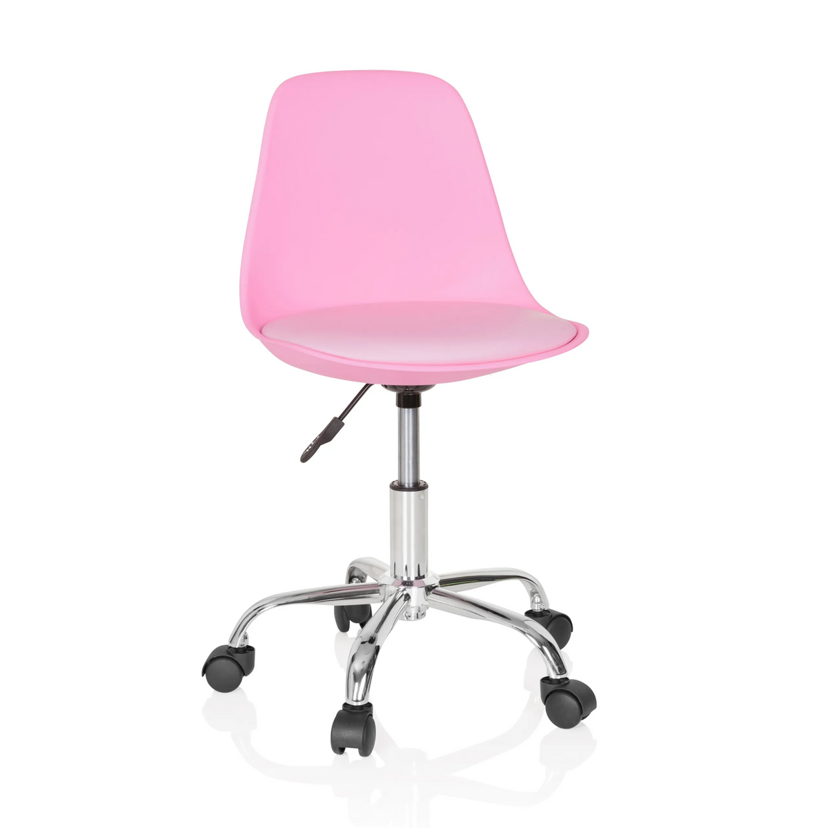 Sedia girevole per bambini FANCY II rosa con scocca curva e base a cinque ruote di hjh OFFICE – vista a 360° (vista frontale 20°)