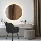 Sedia per sala da pranzo nera CHARVELLE davanti a un tavolo da trucco bianco con specchio rotondo e uno sgabello di hjh LIVING
