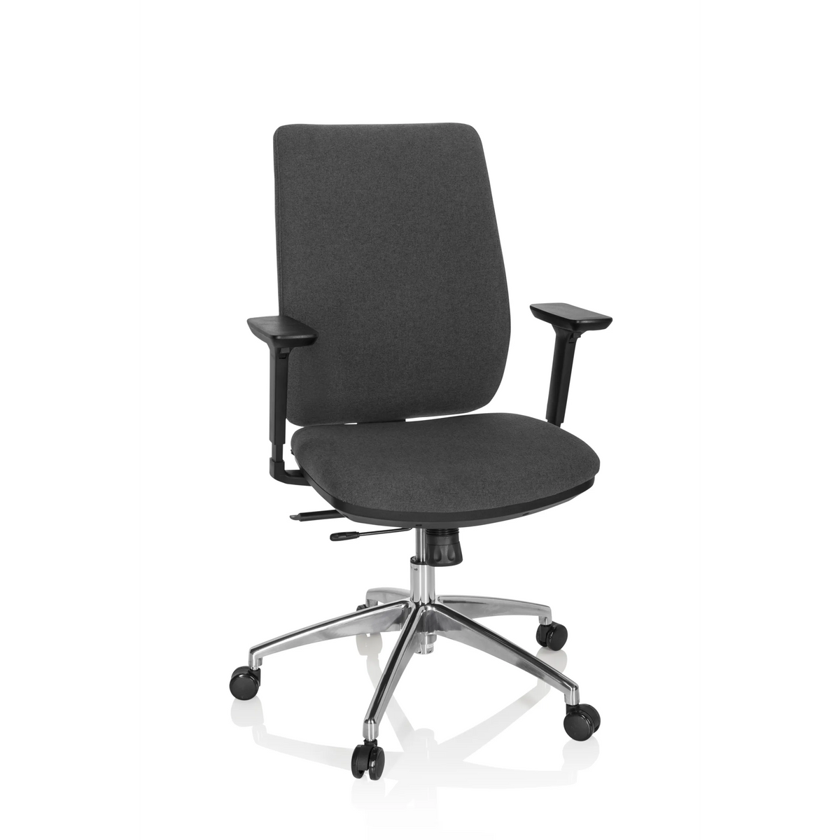 Sedia da ufficio professionale INTEGRIO I grigio scuro con braccioli e base a cinque ruote di hjh OFFICE – vista a 360° (vista frontale 20°)