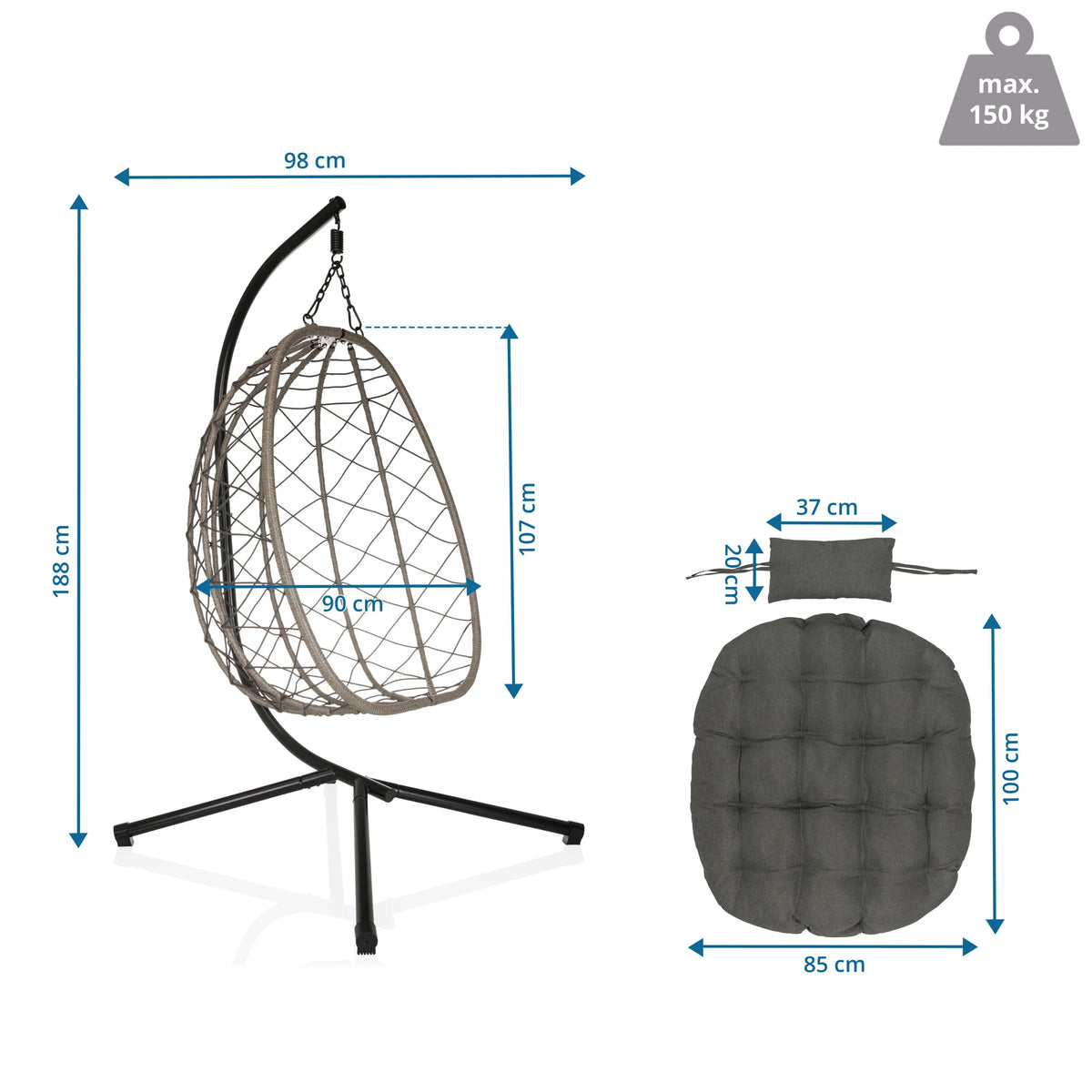 Disegno tecnico della Sedia sospesa COCOVA con un'altezza di 188 cm e una larghezza di 98 cm di hjh LIVING
