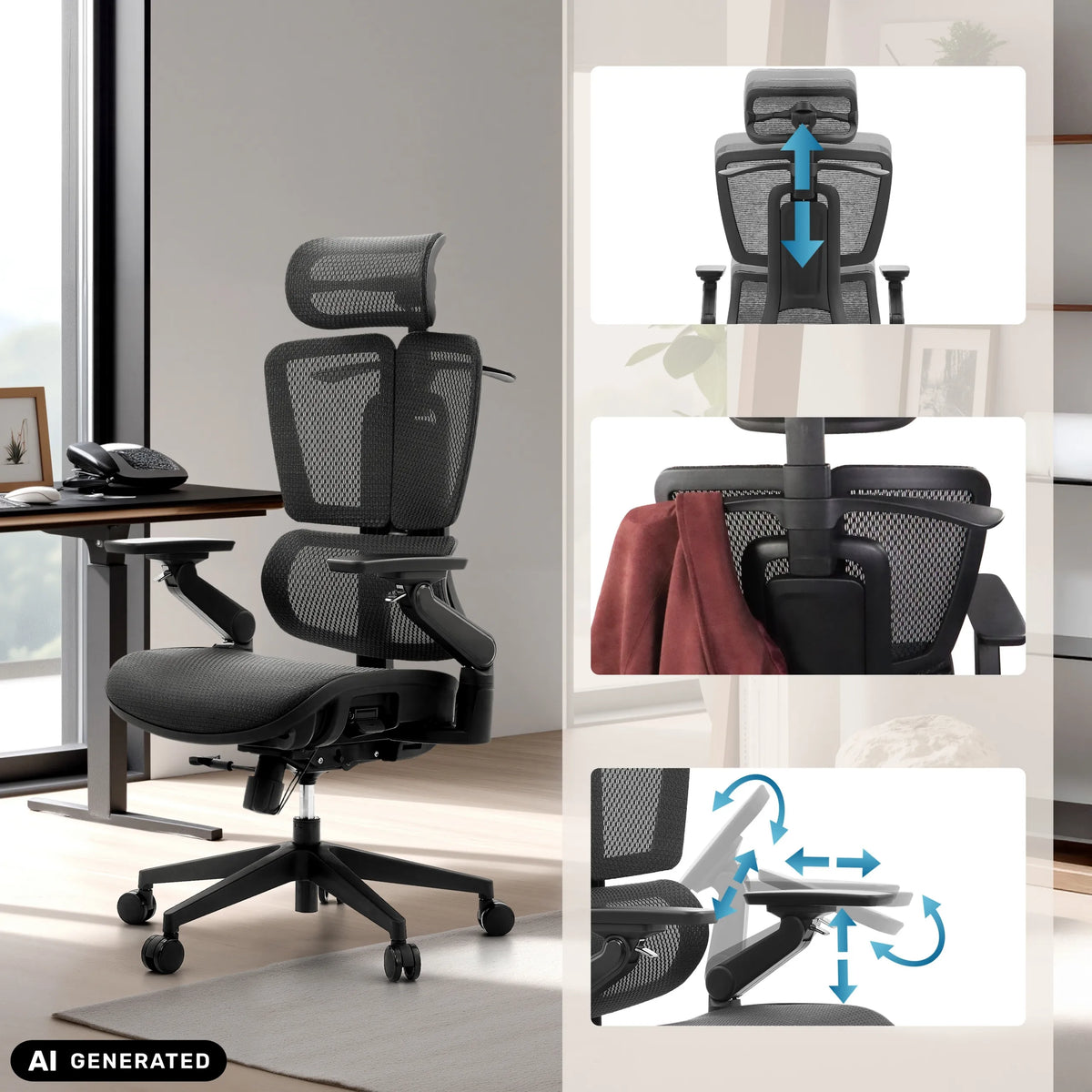 Poggiatesta e braccioli regolabili della sedia da ufficio professionale Ergo U2 Pro3 in nero di hjh OFFICE (immagine generata dall’IA)
