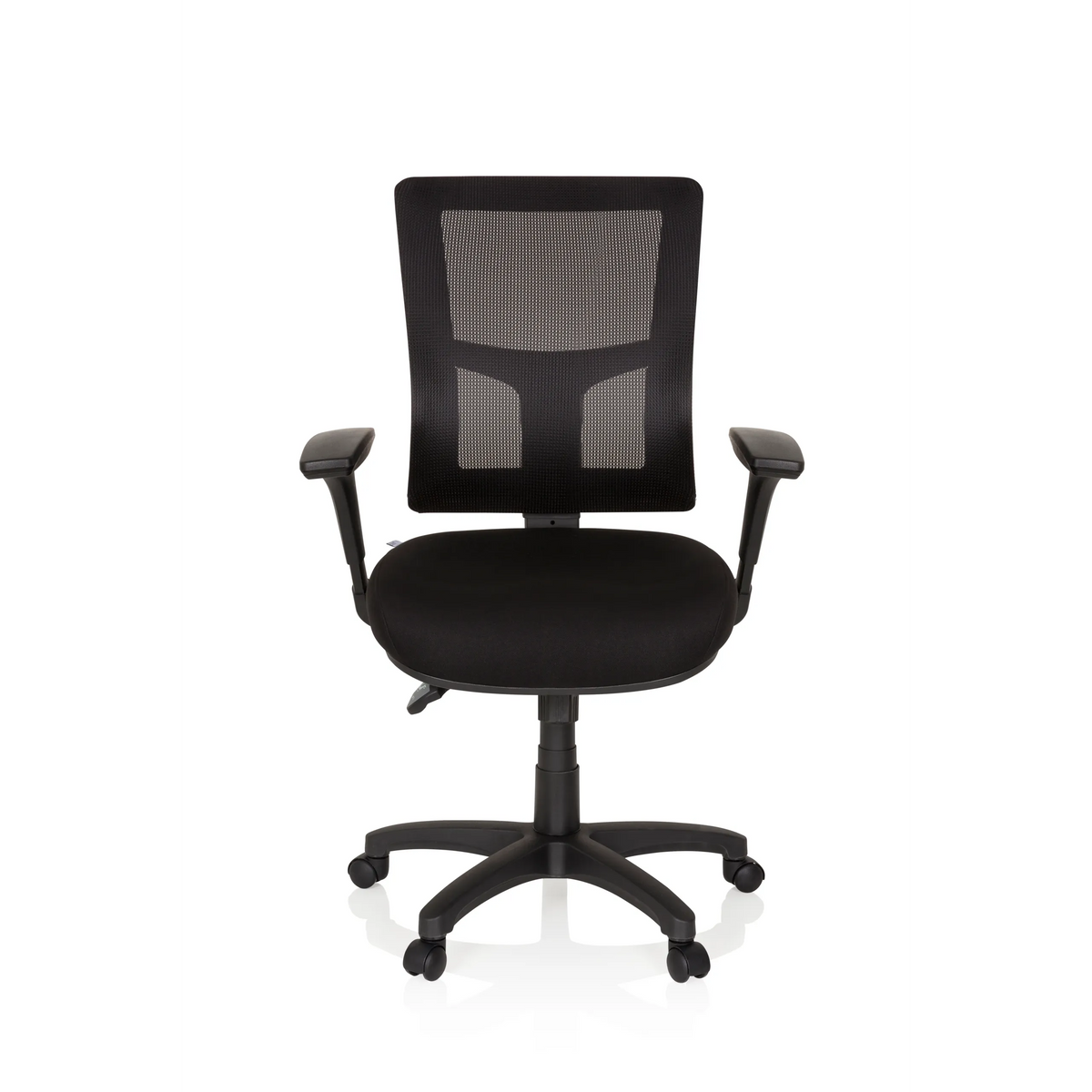 Poltrona professionale IMPACT PRO nera con schienale in rete e base a cinque ruote di hjh OFFICE – vista a 360° (vista frontale 0°)